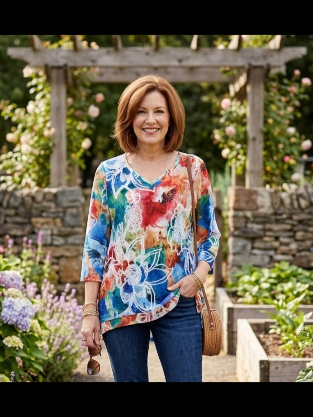 Alfred Dunner Multicolor Floral V-Neck 3/4 Sleeve Tunic